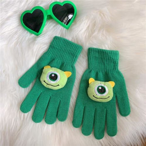 Couple Cute Little Monster Cartoon Students Warm Winter Handmade Gloves Green One Eyed Monster / One
