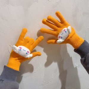 Couple Cute Little Monster Cartoon Students Warm Winter Handmade Gloves Orange Dog / One Size
