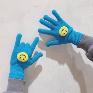 Couple Cute Little Monster Cartoon Students Warm Winter Handmade Gloves Peacock Blue Smile / One