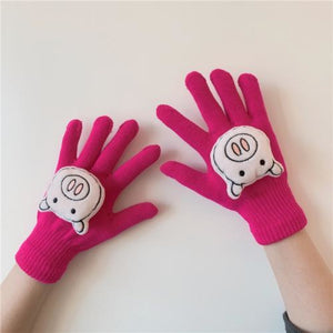 Couple Cute Little Monster Cartoon Students Warm Winter Handmade Gloves Rose Red Pig / One Size
