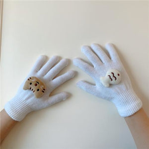 Couple Cute Little Monster Cartoon Students Warm Winter Handmade Gloves White Cats And Fish / One