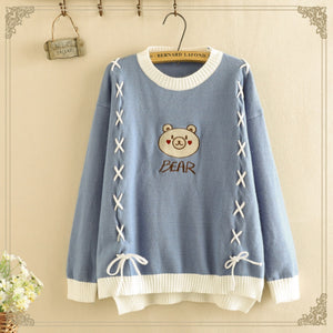 Cute Bear Round Neck Cross Tie Sweater J40015 Blue / One Size Sweatshirt