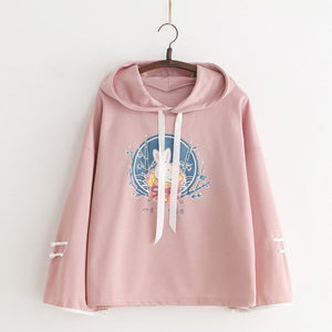 Cute Bunny Print Japanese Drawstring Hoodies J40014 Pink / One Size Hoodie