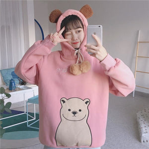 Cute Cartoon Bear Ears Print Brushed Hoodie J40013 Pink / One Size Hoodie