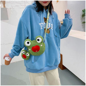 Cute Cartoon Plush Green Frog Doll Faux Wool Shoulder Bags C00072