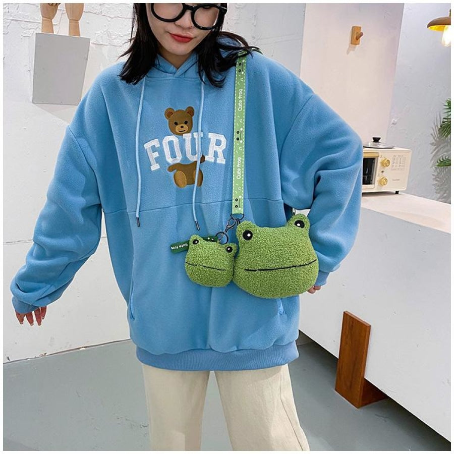 Cute Cartoon Plush Green Frog Doll Faux Wool Shoulder Bags C00072