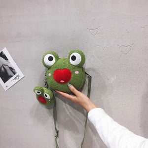 Cute Cartoon Plush Green Frog Doll Faux Wool Shoulder Bags C00072 Love