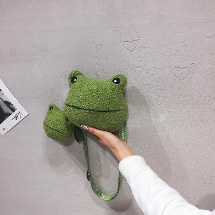 Cute Cartoon Plush Green Frog Doll Faux Wool Shoulder Bags C00072 Smile
