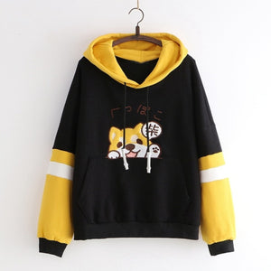 Cute Puppy Shiba Inu Color Block Hoodie J40229 Black / One Size Sweatshirt