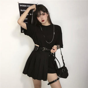 Darkness Street Bf Style Letter A Loose T-Shirt Punk Pleated Skirt Summer Cool Black Set