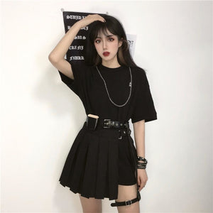 Darkness Street Bf Style Letter A Loose T-Shirt Punk Pleated Skirt Summer Cool Black Set