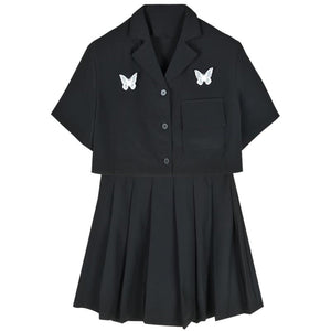 Darkness Two Piece Street Look Butterfly Pocket T-shirt Pleated Skirt J40392