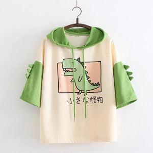 Dinosaur Cartoon Japanese Hooded T-Shirt J10023 As Shown / One Size T-Shirt