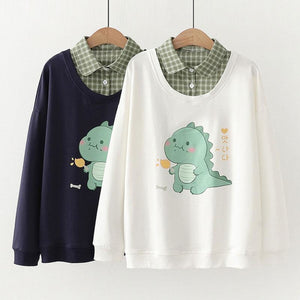 Dinosaur Print Plaid Shirt Fake Two-Piece Sweatshirt Mp006240