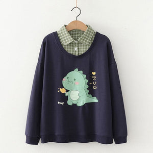 Dinosaur Print Plaid Shirt Fake Two-Piece Sweatshirt Mp006240 Navy / M