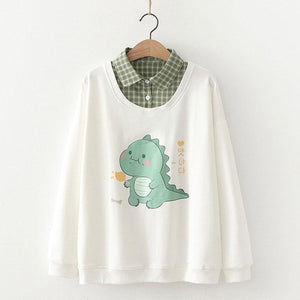 Dinosaur Print Plaid Shirt Fake Two-Piece Sweatshirt Mp006240 White / M