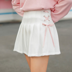 Energetic Short Pleated School Girl Lace-Up Skirts White / S Skirt