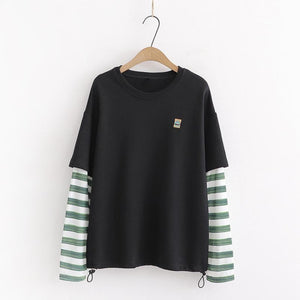 Fake Two-Piece Cartoon Embroidery Stripe Loose Sweatshirt Black / One Size