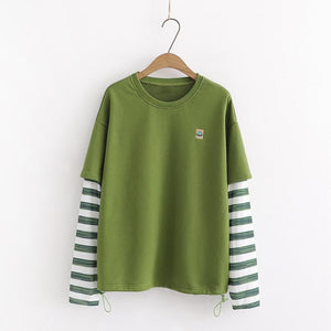 Fake Two-Piece Cartoon Embroidery Stripe Loose Sweatshirt Green / One Size