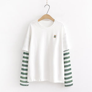 Fake Two-Piece Cartoon Embroidery Stripe Loose Sweatshirt White / One Size