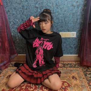 Fashion Sk8Er Print Harajuku Punk Stripe Fake-Two Shirt