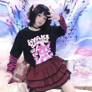 Fashion Sk8Er Print Harajuku Punk Stripe Fake-Two Shirt Black Pink Stripes / Guitar Girls One Size