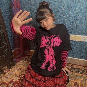 Fashion Sk8Er Print Harajuku Punk Stripe Fake-Two Shirt Black Pink Stripes / Skateboarding Girls One