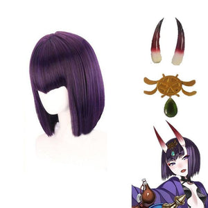 Fate Grand Order Assassin Shuten Douji Cosplay Wig + Horns Pendant Halloween Bob Wig+Horn+Pendant