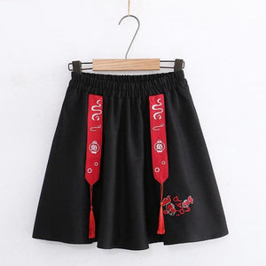 Fish Embroidery Tassels A-Line Skirt Black / One Size