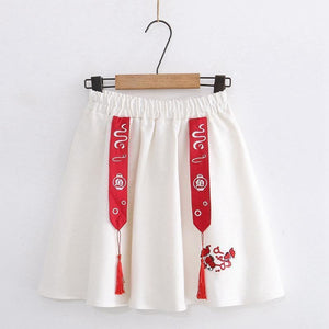 Fish Embroidery Tassels A-Line Skirt White / One Size