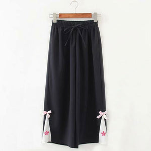 Flower Embroidery Bow Knot Wide Leg Pants Black / M