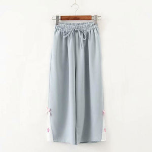 Flower Embroidery Bow Knot Wide Leg Pants Blue / M