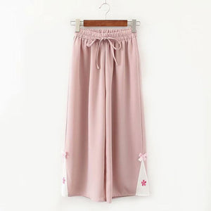 Flower Embroidery Bow Knot Wide Leg Pants Pink / M