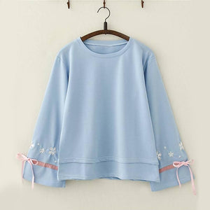 Flower Embroidery Trumpet Sleeves Shirt Blue / One Size Sweatshirt