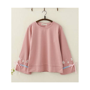 Flower Embroidery Trumpet Sleeves Shirt Pink / One Size Sweatshirt