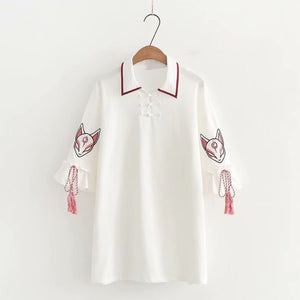 Fox Mask Embroidery Tassels Frogging Polo Dress Mp006256 White / One Size