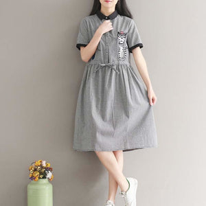 Gingham Cat Print Smock Dress Grey / M