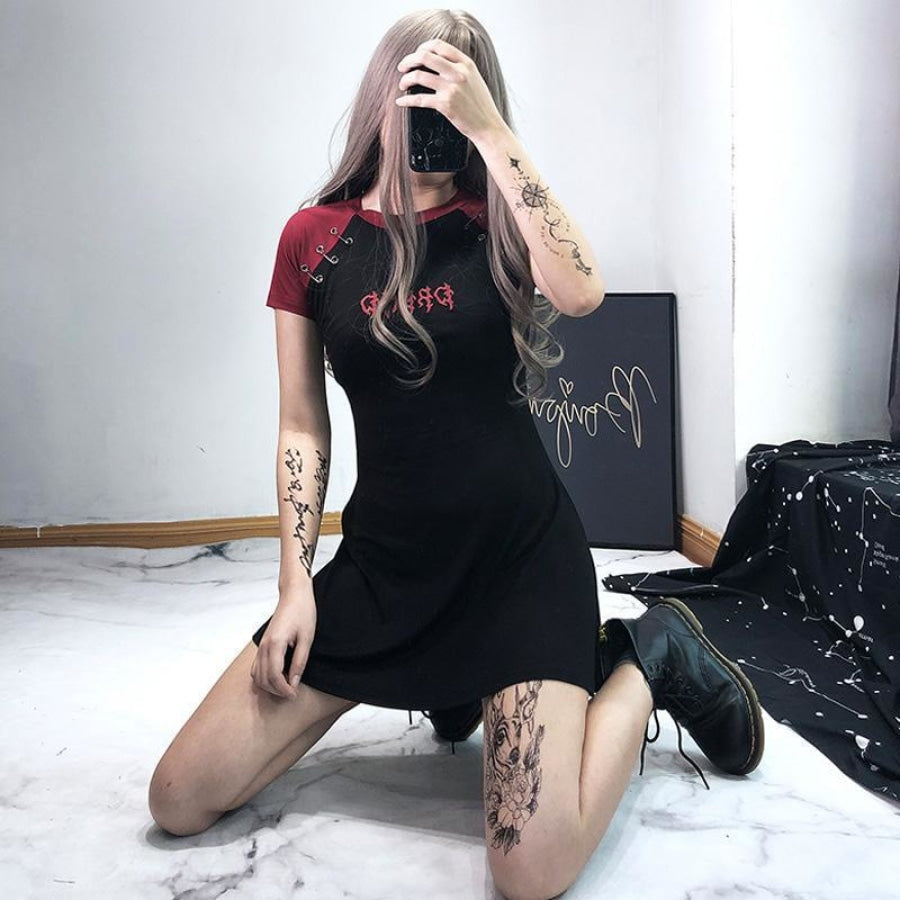 Gothic Letter Embroidery Color Block A-Line T-Shirt Dress Mp006173