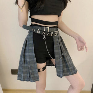 Gothic Plaid Skirt Shorts Belt Chain Irregular Hollow