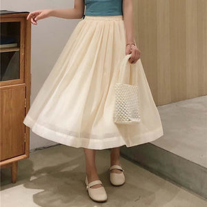 High Waist Elastic Skirt Pure Color Tulle Beige / S Dress