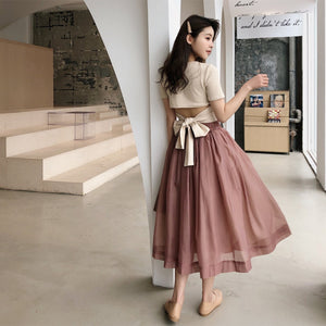 High Waist Elastic Skirt Pure Color Tulle Dress