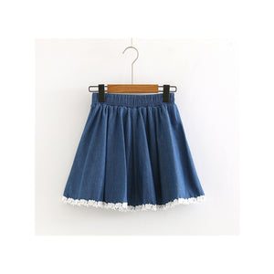 High Waist Lace Stitching Denim Skirt Dark Blue / One Size