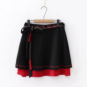High Waist Tassels Belted Skirt A-Line Black / Xs