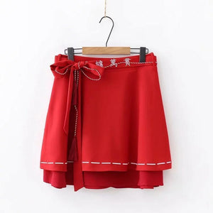 High Waist Tassels Belted Skirt A-Line Red / Xs