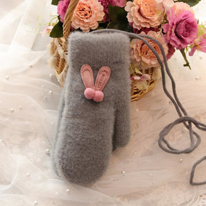 Ins Sister Cute Rabbit Ears Fuzzy Pure Color Fleece Knitted Warm Gloves