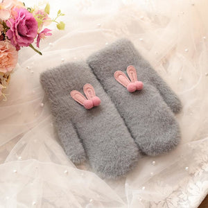 Ins Sister Cute Rabbit Ears Fuzzy Pure Color Fleece Knitted Warm Gloves