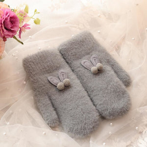 Ins Sister Cute Rabbit Ears Fuzzy Pure Color Fleece Knitted Warm Gloves Grey