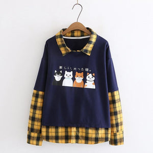 Japanese Cat Plaid Fake Two-Piece Sweatshirt Blue / M