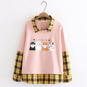 Japanese Cat Plaid Fake Two-Piece Sweatshirt Pink / M