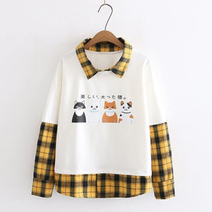 Japanese Cat Plaid Fake Two-Piece Sweatshirt White / M